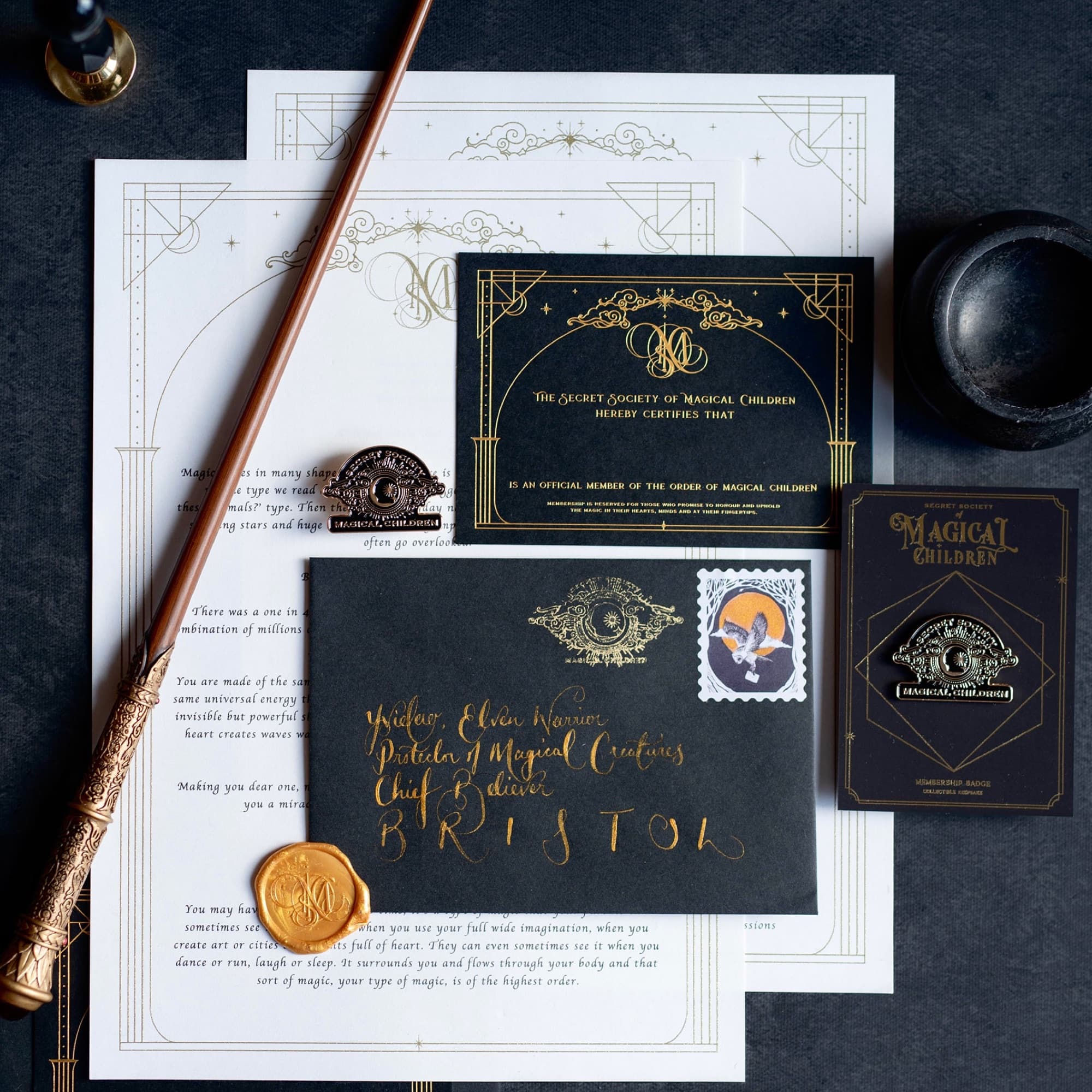A Secret Society of Magical Children letter with a gold wax seal